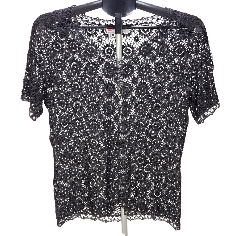 Women's Vintage‎ XL Black Hand Crocheted Floral Lace Top Boho Whimsigoth